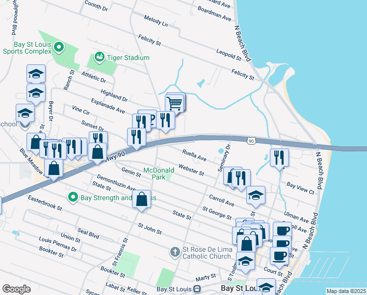 map of restaurants, bars, coffee shops, grocery stores, and more near 9 Ruella Avenue in Bay St. Louis