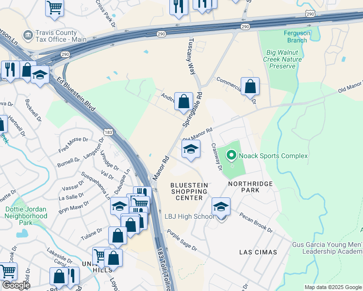 map of restaurants, bars, coffee shops, grocery stores, and more near in Travis County