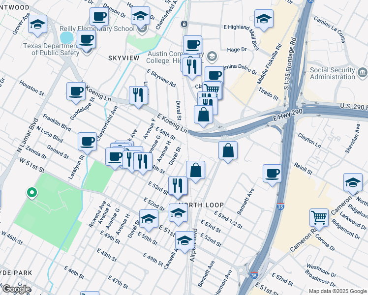 map of restaurants, bars, coffee shops, grocery stores, and more near 5517 Duval Street in Austin