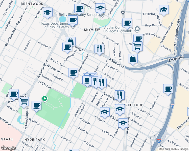 map of restaurants, bars, coffee shops, grocery stores, and more near 5406 Avenue F in Austin