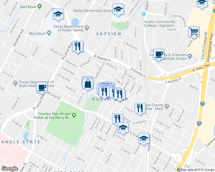 map of restaurants, bars, coffee shops, grocery stores, and more near 109 Nelray Boulevard in Austin