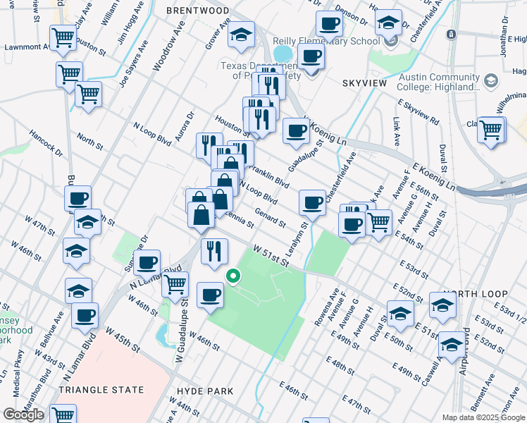 map of restaurants, bars, coffee shops, grocery stores, and more near 602 Genard Street in Austin