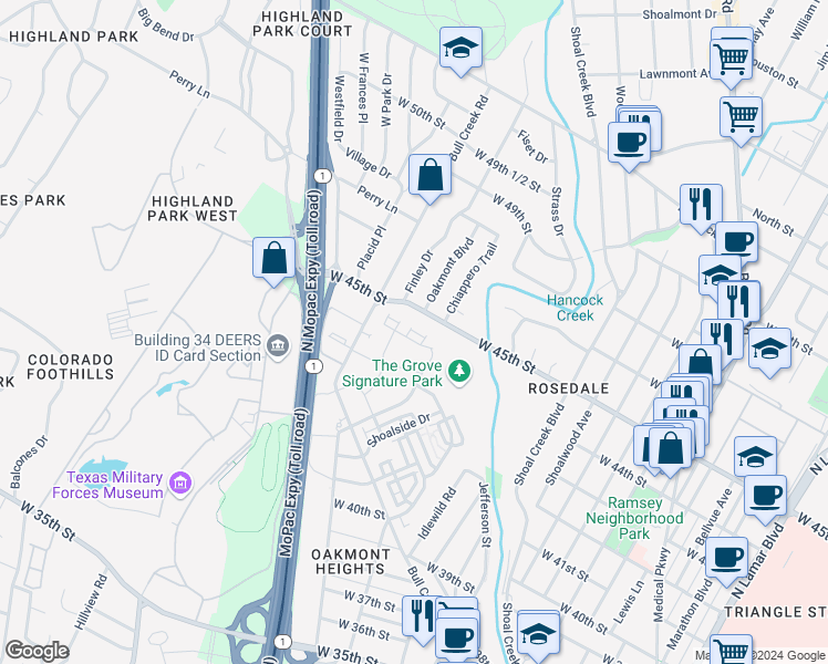 map of restaurants, bars, coffee shops, grocery stores, and more near 4411 Grotto Drive in Austin