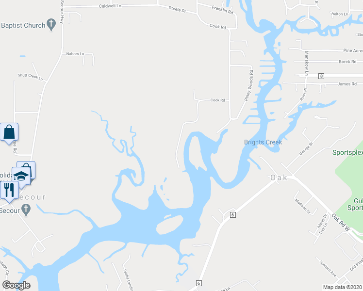 map of restaurants, bars, coffee shops, grocery stores, and more near 6518 Cook Road in Foley