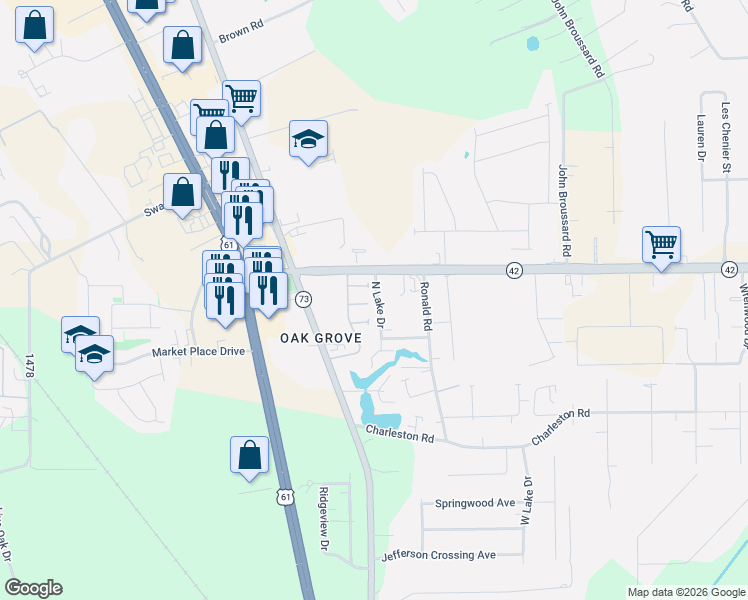 map of restaurants, bars, coffee shops, grocery stores, and more near 17231 North Lake Drive in Prairieville