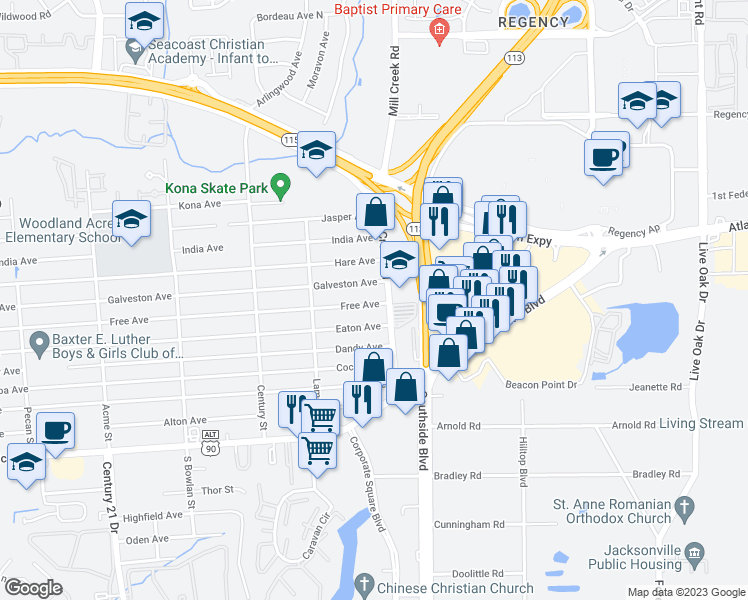 map of restaurants, bars, coffee shops, grocery stores, and more near 9121 Free Avenue in Jacksonville