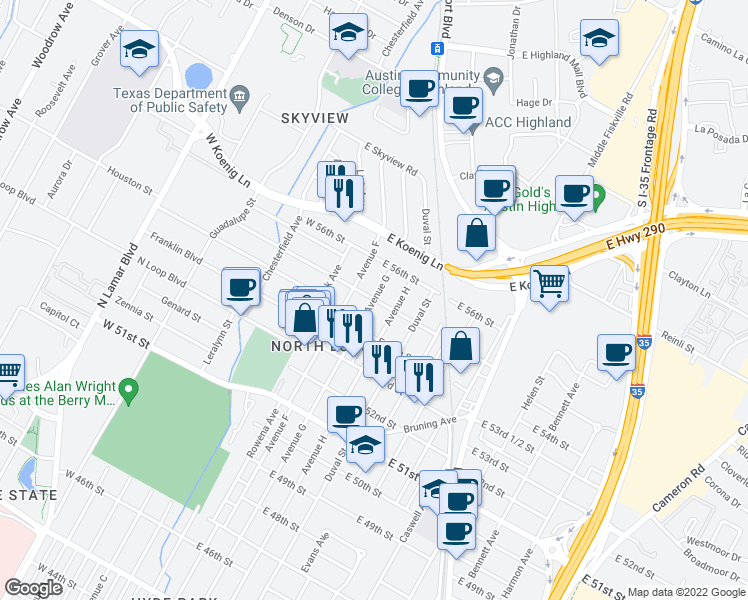 map of restaurants, bars, coffee shops, grocery stores, and more near Avenue G in Austin