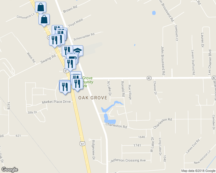 map of restaurants, bars, coffee shops, grocery stores, and more near 17231 North Lake Drive in Prairieville
