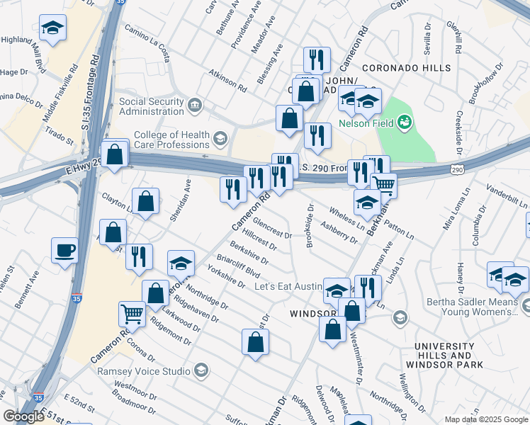 map of restaurants, bars, coffee shops, grocery stores, and more near 1303 Glenwood Drive in Austin