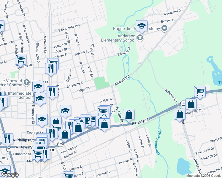 map of restaurants, bars, coffee shops, grocery stores, and more near 1016 Reeves Street in Conroe
