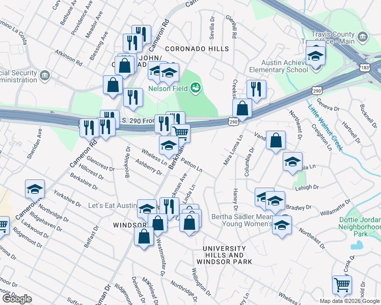 map of restaurants, bars, coffee shops, grocery stores, and more near 1706 Patton Lane in Austin