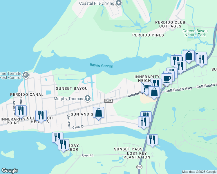 map of restaurants, bars, coffee shops, grocery stores, and more near 5435 Japonica Avenue in Pensacola