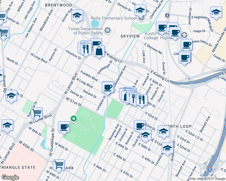 map of restaurants, bars, coffee shops, grocery stores, and more near 210 Franklin Boulevard in Austin
