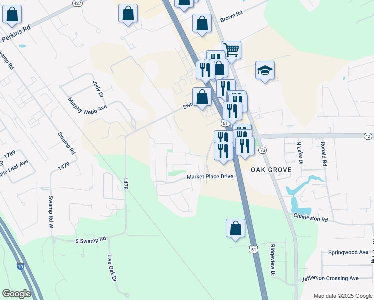 map of restaurants, bars, coffee shops, grocery stores, and more near 37225 Enterprise Avenue in Prairieville