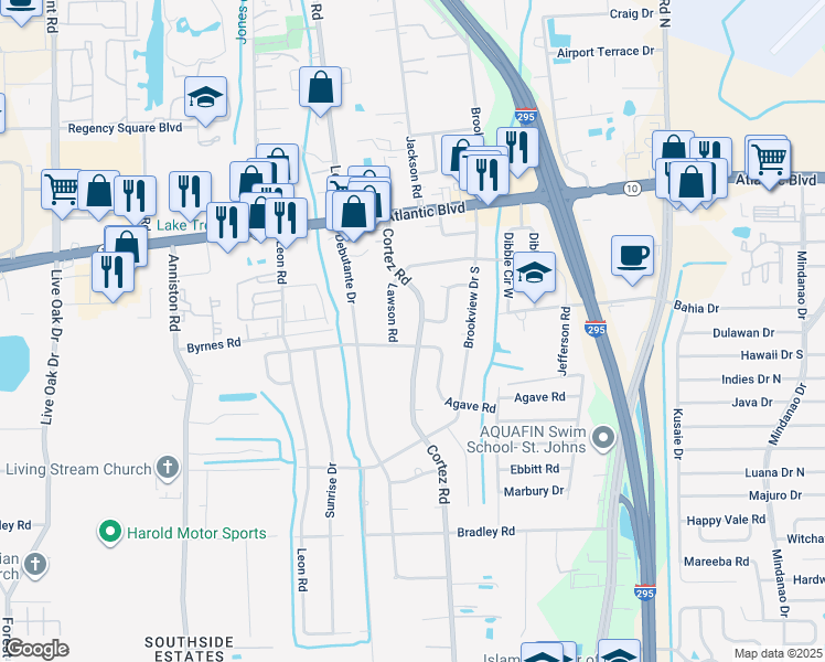 map of restaurants, bars, coffee shops, grocery stores, and more near 10302 Driftwood Road in Jacksonville