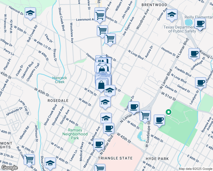 map of restaurants, bars, coffee shops, grocery stores, and more near 4811 Burnet Road in Austin