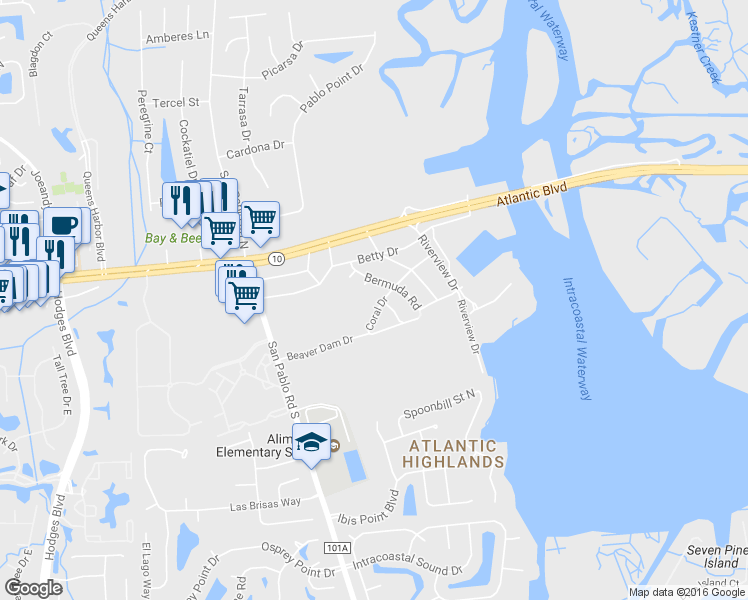 map of restaurants, bars, coffee shops, grocery stores, and more near 13733 Coral Drive in Jacksonville
