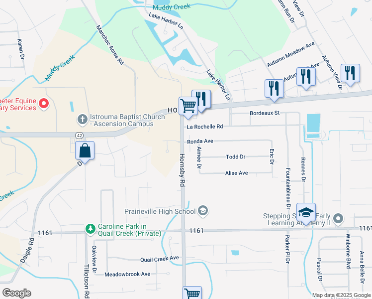 map of restaurants, bars, coffee shops, grocery stores, and more near 17222 Louisiana 929 in Prairieville