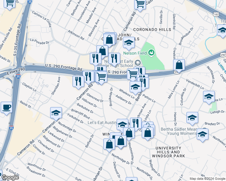 map of restaurants, bars, coffee shops, grocery stores, and more near 6303 Brookside Drive in Austin