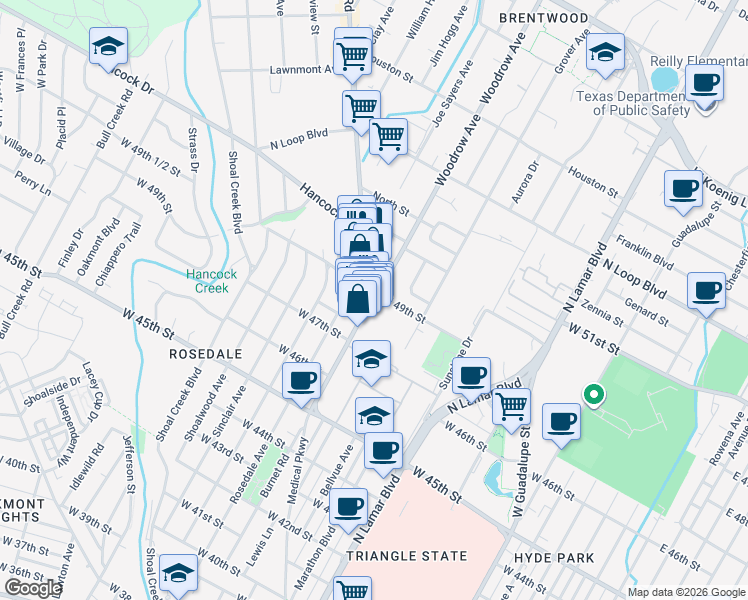 map of restaurants, bars, coffee shops, grocery stores, and more near 4811 Burnet Road in Austin