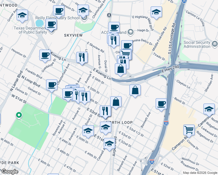 map of restaurants, bars, coffee shops, grocery stores, and more near 5517 Duval Street in Austin