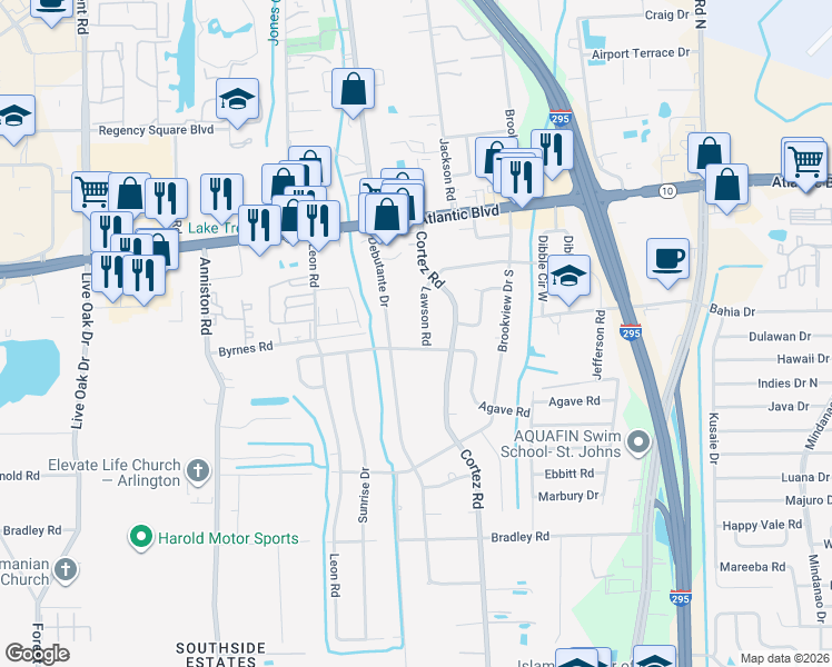 map of restaurants, bars, coffee shops, grocery stores, and more near 1774 Lawson Road in Jacksonville