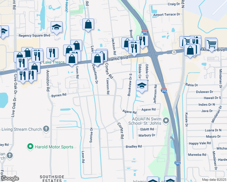 map of restaurants, bars, coffee shops, grocery stores, and more near 10302 Driftwood Road in Jacksonville