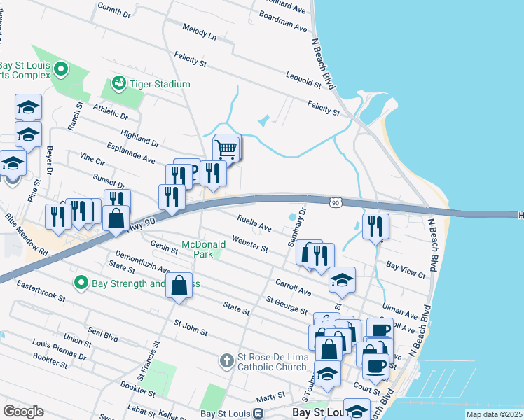 map of restaurants, bars, coffee shops, grocery stores, and more near 292 U.S. 90 in Bay St. Louis