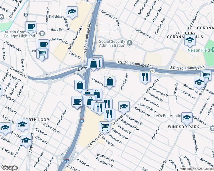map of restaurants, bars, coffee shops, grocery stores, and more near 1026 Clayton Lane in Austin