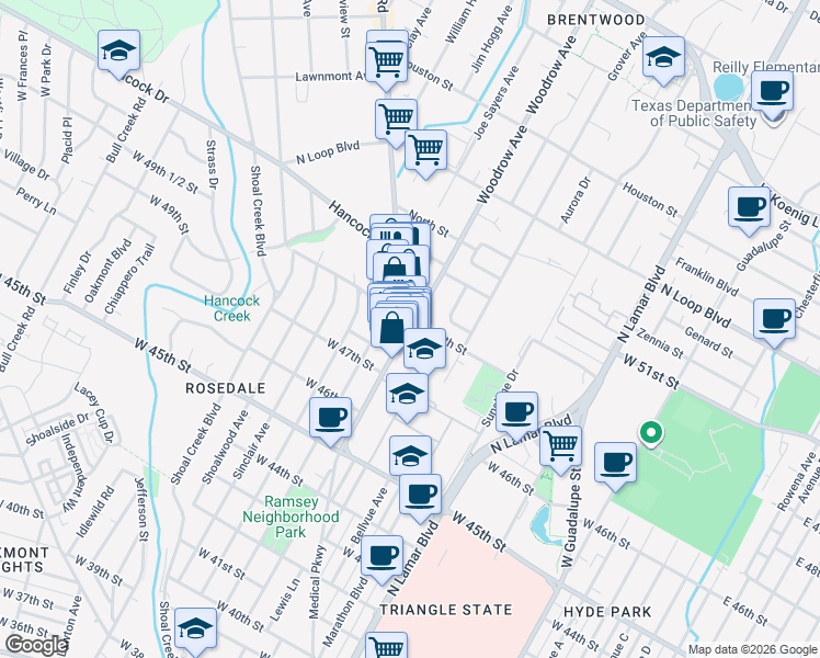 map of restaurants, bars, coffee shops, grocery stores, and more near 4811 Burnet Road in Austin