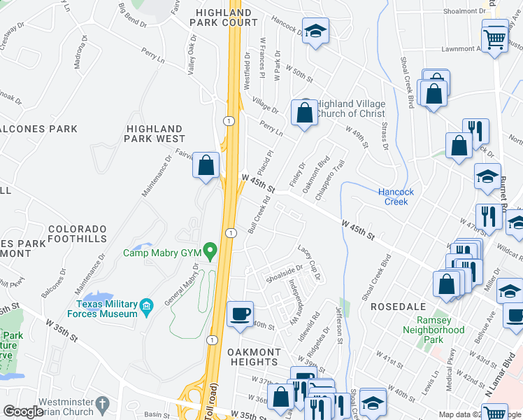 map of restaurants, bars, coffee shops, grocery stores, and more near 4330 Bull Creek Road in Austin