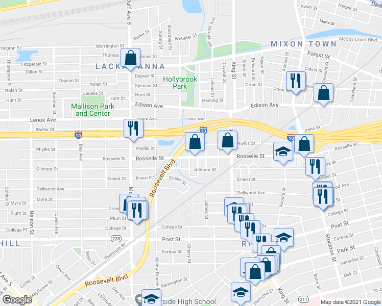 map of restaurants, bars, coffee shops, grocery stores, and more near 637 Locust Street in Jacksonville