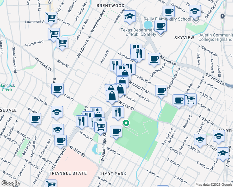 map of restaurants, bars, coffee shops, grocery stores, and more near 5200 North Lamar Boulevard in Austin