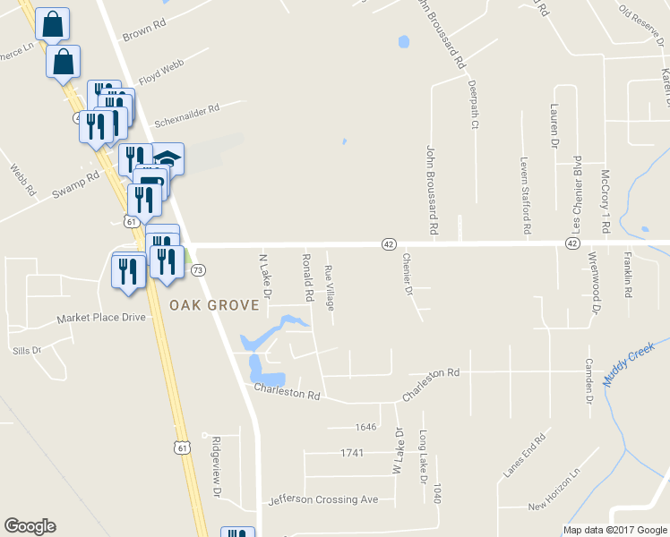 map of restaurants, bars, coffee shops, grocery stores, and more near 17250 Rue Village in Prairieville