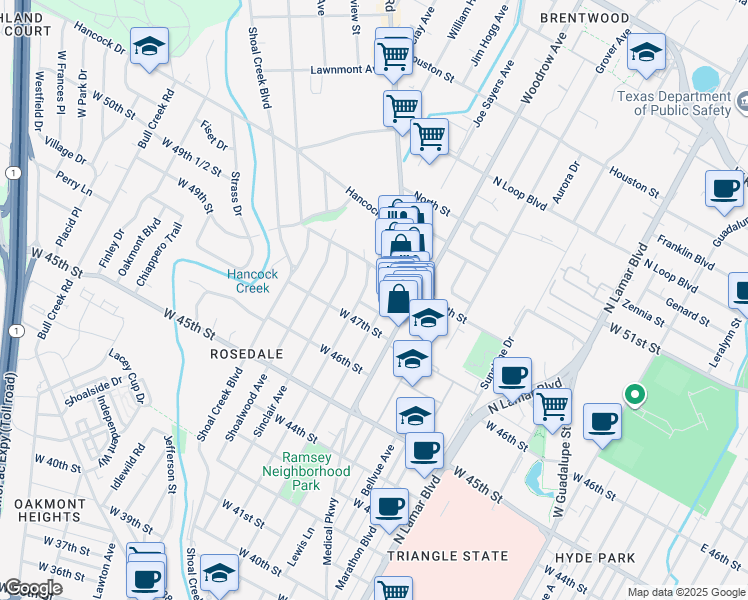 map of restaurants, bars, coffee shops, grocery stores, and more near 2117 West 49th Street in Austin