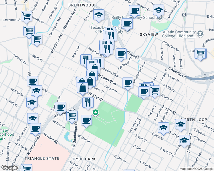 map of restaurants, bars, coffee shops, grocery stores, and more near 602 Genard Street in Austin