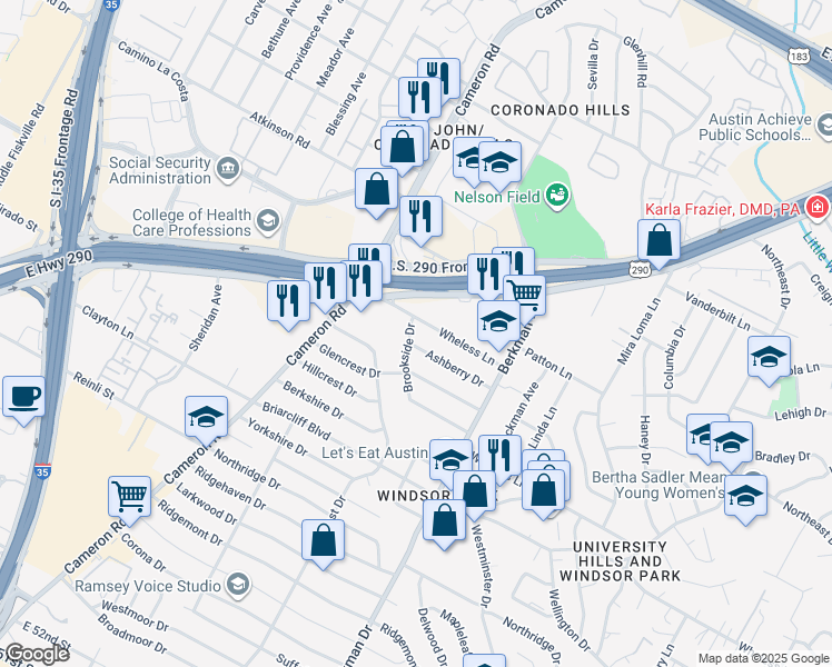 map of restaurants, bars, coffee shops, grocery stores, and more near 6303 Brookside Drive in Austin