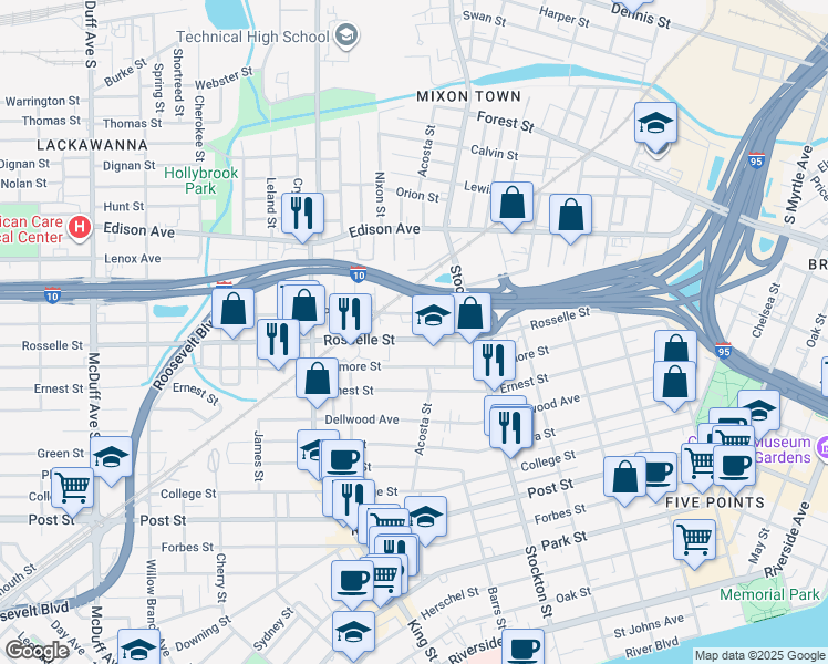 map of restaurants, bars, coffee shops, grocery stores, and more near 2603 Rosselle Street in Jacksonville