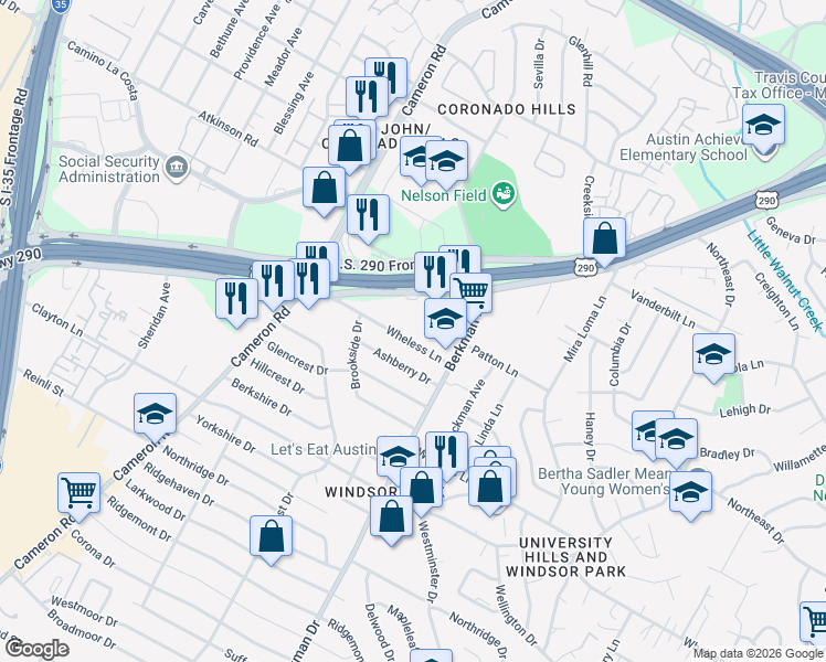map of restaurants, bars, coffee shops, grocery stores, and more near 1604 Wheless Lane in Austin
