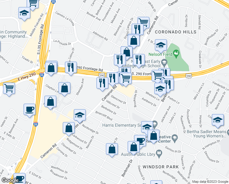 map of restaurants, bars, coffee shops, grocery stores, and more near 1303 Glenwood Drive in Austin