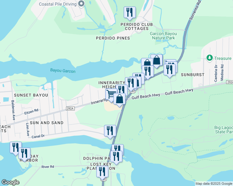 map of restaurants, bars, coffee shops, grocery stores, and more near 13401 Mirella Street in Pensacola