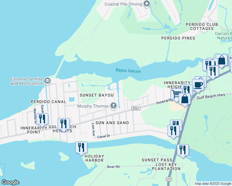 map of restaurants, bars, coffee shops, grocery stores, and more near 5532 Sea Spray Drive in Pensacola