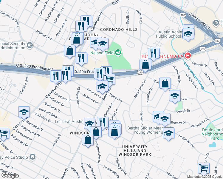 map of restaurants, bars, coffee shops, grocery stores, and more near 6615 Berkman Drive in Austin