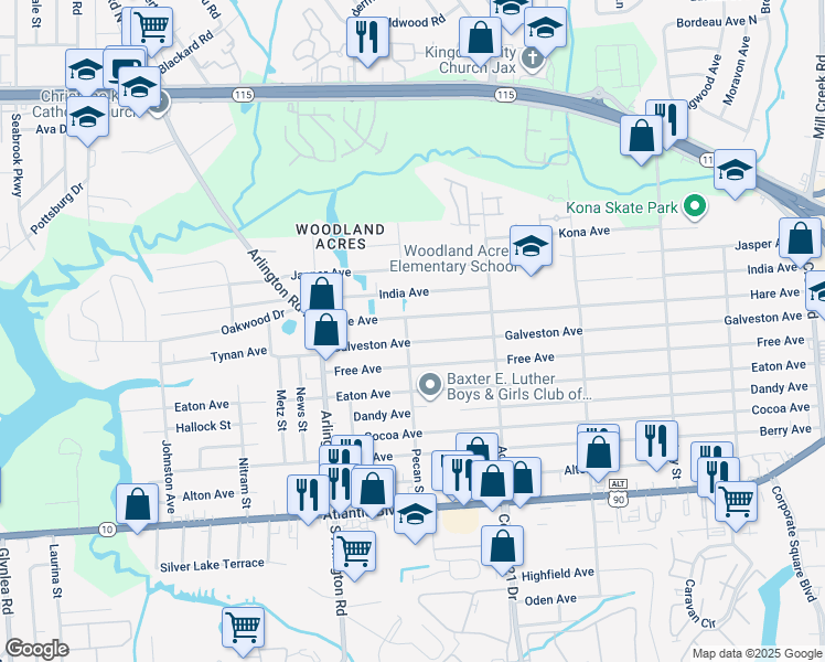 map of restaurants, bars, coffee shops, grocery stores, and more near 265 Pecan Street in Jacksonville