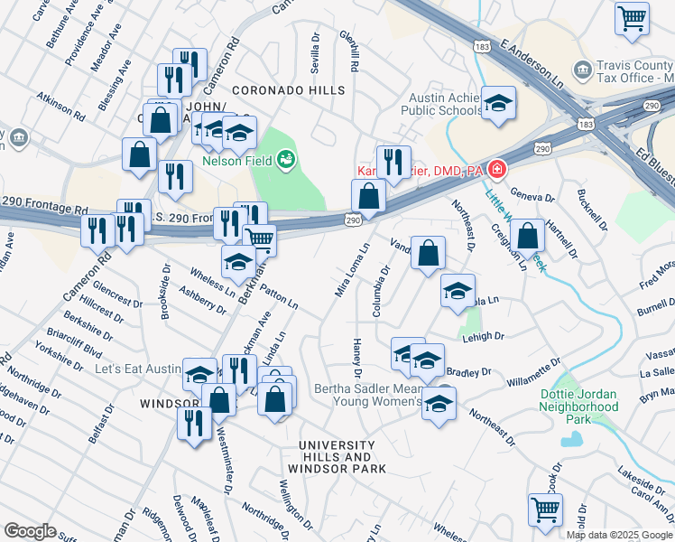 map of restaurants, bars, coffee shops, grocery stores, and more near 6702 Mira Loma Lane in Austin