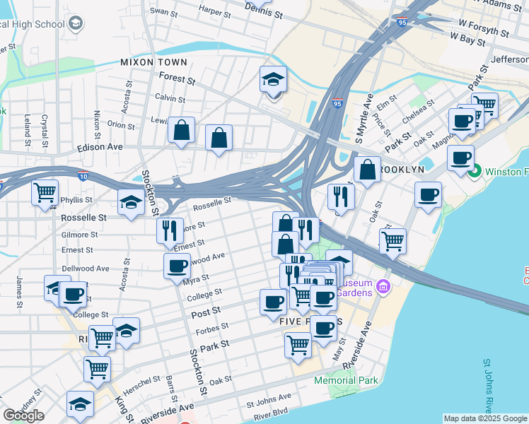map of restaurants, bars, coffee shops, grocery stores, and more near 2038 Gilmore Street in Jacksonville