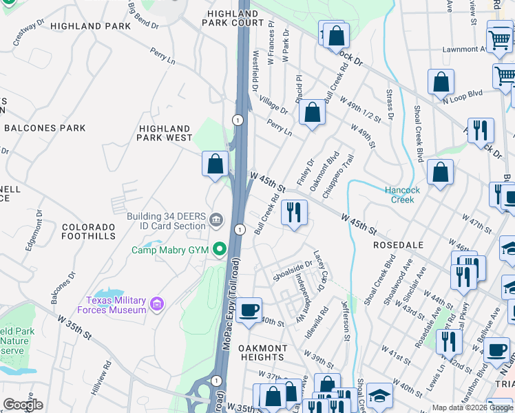 map of restaurants, bars, coffee shops, grocery stores, and more near 4330 Bull Creek Road in Austin