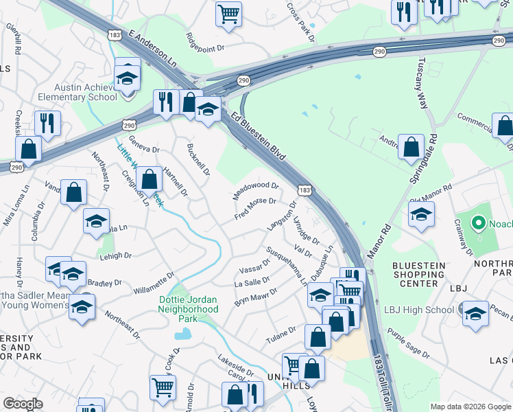 map of restaurants, bars, coffee shops, grocery stores, and more near 7111 Fred Morse Drive in Austin