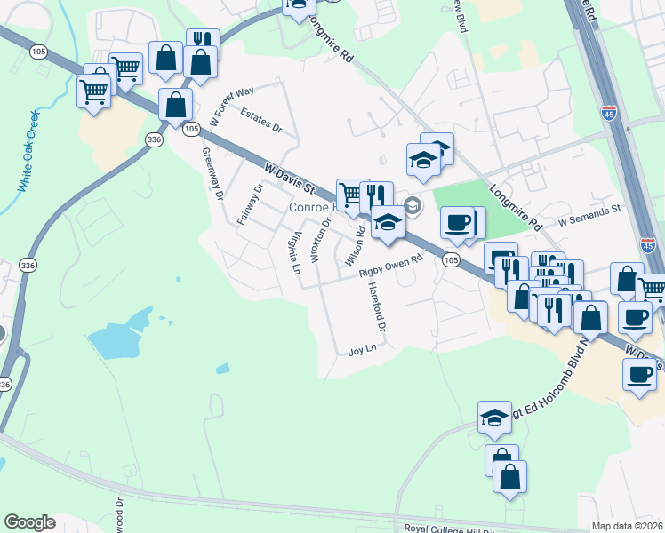 map of restaurants, bars, coffee shops, grocery stores, and more near 112 Kirkwood Lane in Conroe