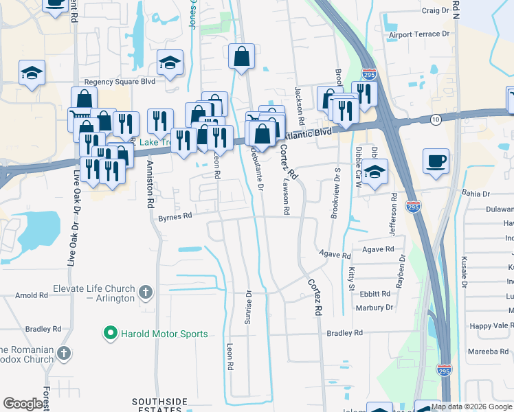 map of restaurants, bars, coffee shops, grocery stores, and more near 1768 Debutante Drive in Jacksonville